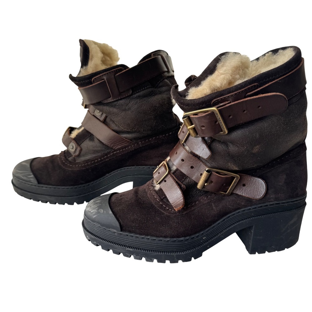 Burberry Women's Brown Shearling-Lined Block Heel Boots Size 38